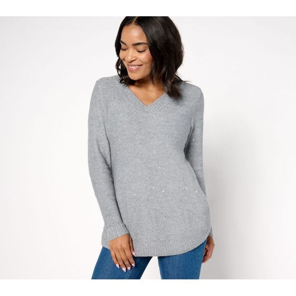 Maya J Women's Top Sweater Sz XL Denim & Co. V-Neck Long Sleeve Gray A670650 - Picture 1 of 4